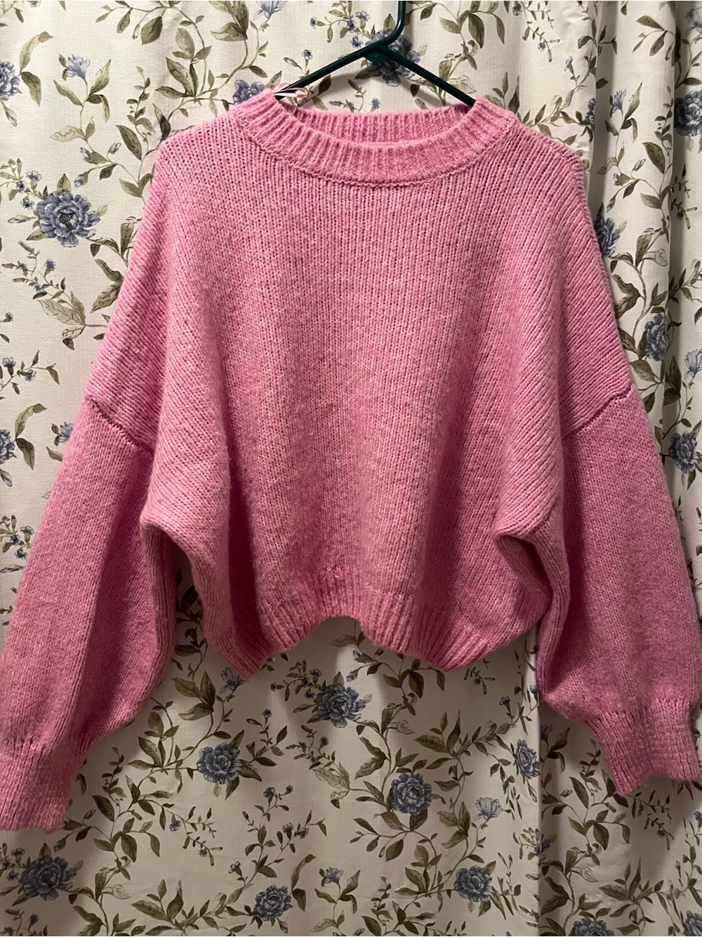 Pink Rose Bubble Sleeve Crewneck Sweater — Soft Pink